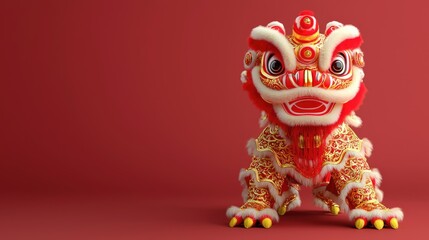 A vibrant lion dance statue with intricate details, featuring bright colors against a solid red background.