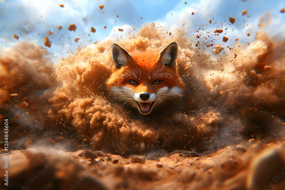 Poster fox emerging from dust cloud in a dynamic and intense scene