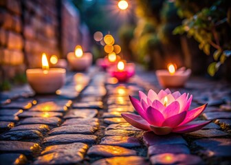 Mystical night: Cobblestone path, lotus blooms bathed in low candlelight's ethereal glow.