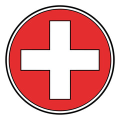 Fototapeta premium Swiss flag button icon with a red cross symbol, representing medical emergency, health, and first aid, in a simple circular design