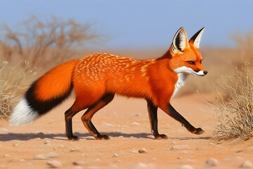 Obraz premium Vibrant Red Fox Walking Through Desert Landscape Under Clear Sky
