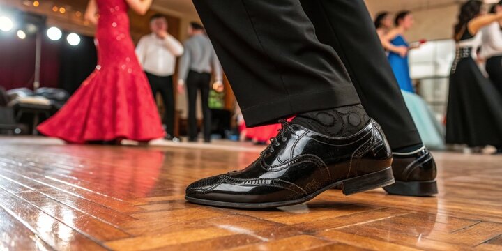 Elegant dance floor scene featuring stylish black shoes in motion