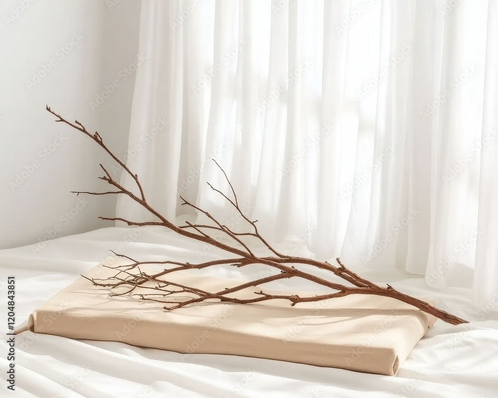 Poster natural podium design featuring dry branch on soft fabric surface, creating harmonious and minimalis