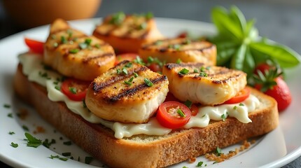 Grilled Halloumi Cheese Toast with Tomato Slices and Creamy Sauce, Topped with Fresh Herbs, Close-up View, Shallow Depth of Field, Blurred Background,  Dark Gray Surface, Bowl, Green Plant, Strawberry