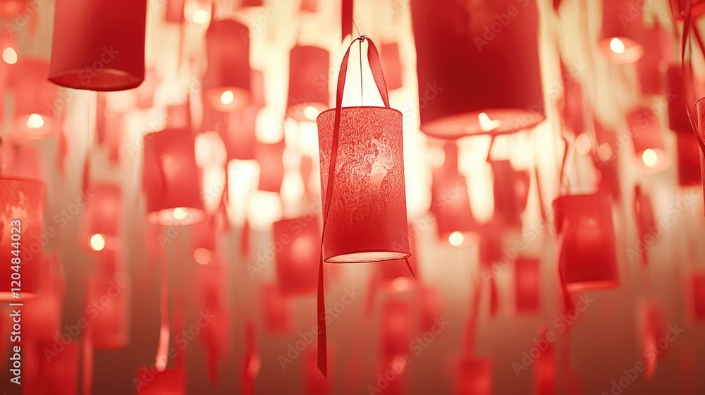 Aufkleber a mesmerizing display of hanging red lanterns illuminating the space with a warm glow, creating a fe