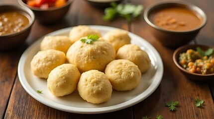 Steaming Idli Served with Sambar, Chickpea Curry and Vegetable Dish, on Dark Wood Table, Overhead View, Natural Light, Warm, Rustic, Cozy, Delicious, Authentic Indian Cuisine