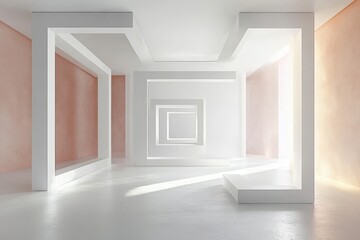 Fototapeta premium Minimalist Abstract Interior Space with Floating White Frames and Soft Daylight
