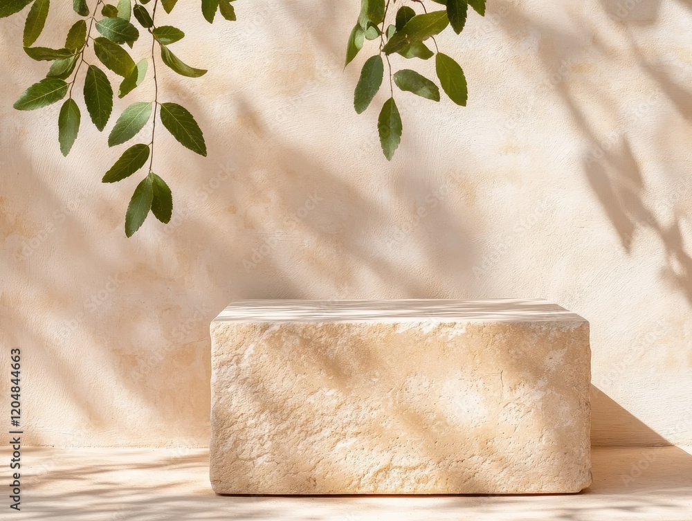 Poster blank podium in serene setup with soft shadows and greenery above. natural textures create calming a