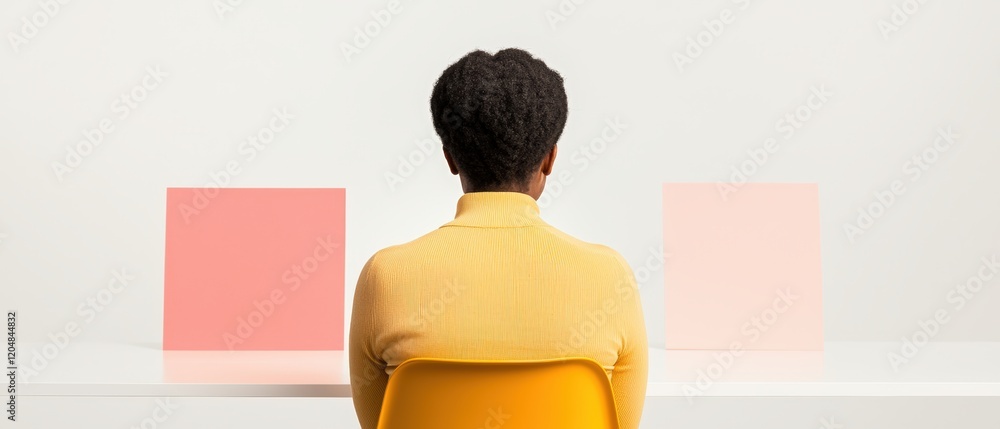 Poster parenting class support concept. person seated at a table facing colorful squares in a minimalist se