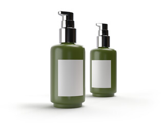 Plastic or Glass with dispenser pump bottle and label mockup container packaging isolated on background. 3D template for liquid soap, gel, lotion, cream, shampoo, bath foam, healthcare or medicine