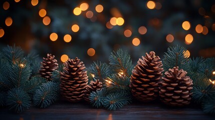 Christmas Pine Branches and Pinecones on Textured Wood Background for Winter Holiday Decor