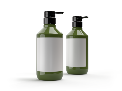 Plastic or Glass with dispenser pump bottle and label mockup container packaging isolated on background. 3D template for liquid soap, gel, lotion, cream, shampoo, bath foam, healthcare or medicine