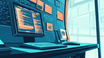 Secure digital technology flat design side view corporate theme cartoon drawing Complementary Color Scheme