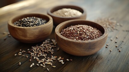 Various raw grains and seeds arranged in a rustic setting.