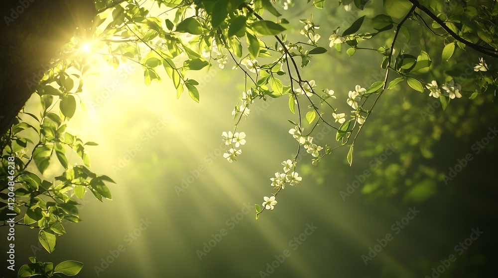 Aufkleber sunlight filters through tree branches with small white flowers creating a serene view