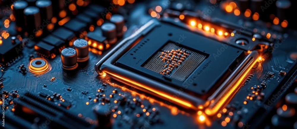 Poster close-up of a computer processor on a motherboard, glowing orange.