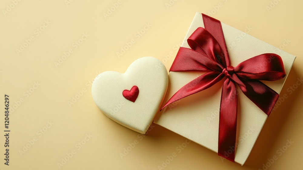 Poster top down view of a large rectangular box with a velvet red ribbon, placed next to a smaller cream-co