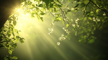 Obraz premium Sunlight filters through tree branches with small white flowers creating a serene view