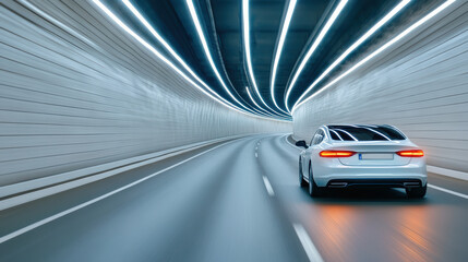 Fototapeta premium car speeding through tunnel with bright lights and smooth curves