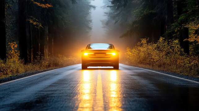 car speeding through foggy landscape with glowing headlights