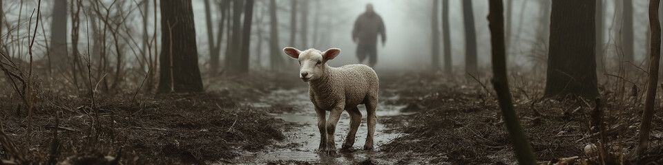 Fototapeta premium Touching Scene of a Muddy Lamb in a Misty Forest as a Shepherd Approaches Symbolizing Care and Redemption