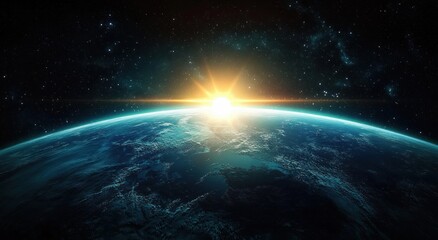 Obraz premium View of Earth from Space with Blue Sunrise and Starry Background in Futuristic Sci-fi Style