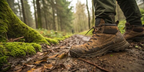 Hiking boots on muddy forest trail amidst lush greenery in misty woodland adventure