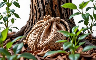 A rustic, hand-woven drawstring bag resting at the base of a tree, surrounded by fallen leaves and a bamboo stick, evoking a sense of natural simplicity and handcrafted beauty.