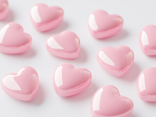 Fototapeta premium Glossy pink hearts arranged on clean background, creating cheerful and romantic atmosphere