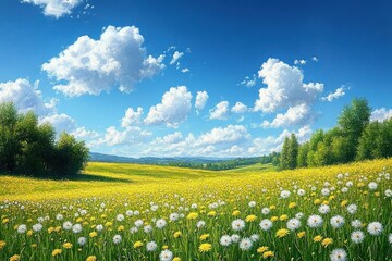 Sunny Meadow with Dandelions Under a Blue Sky
