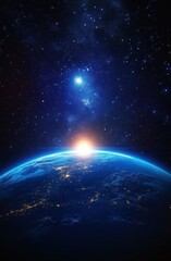 Earth in Space Panoramic View with Blue Horizon Stars and Galactic Glow