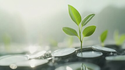 Sustainable finance and investment concept with a plant sprouting from savings coins 
