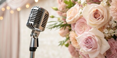 Vintage microphone with elegant pink roses in a romantic wedding setting