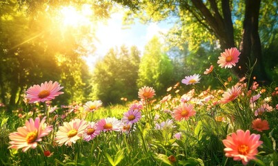 Fototapeta premium Colorful Daisies in Vibrant Spring Meadow Under Sunny Sky in Estonia