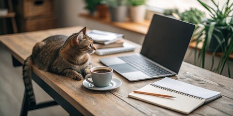 Cozy home office with relaxed cat, coffee, and laptop on wooden desk