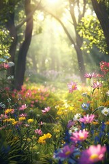Fototapeta premium Scenic forest meadow illuminated by sunlight with vibrant wildflowers in bloom.