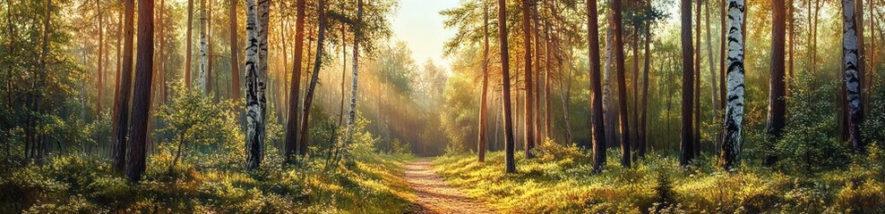 Obraz premium Tranquil Forest Path at Sunrise in Impressionist Style