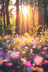 Scenic forest meadow illuminated by sunlight with vibrant wildflowers in bloom.