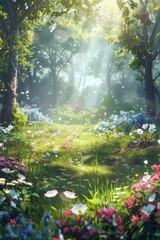 Scenic forest meadow illuminated by sunlight with vibrant wildflowers in bloom.