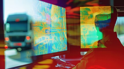 transportation business logistics center (close up, focus on, copy space) colorful maps and monitors, double exposure silhouette with transportation network