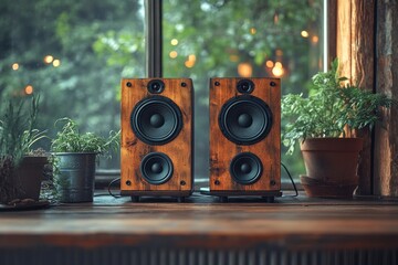 Modern Minimalist Speakers and Music Player on Warm Wooden Surface in Cozy Interior