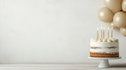 festive cake with candles and balloons, perfect for celebrations