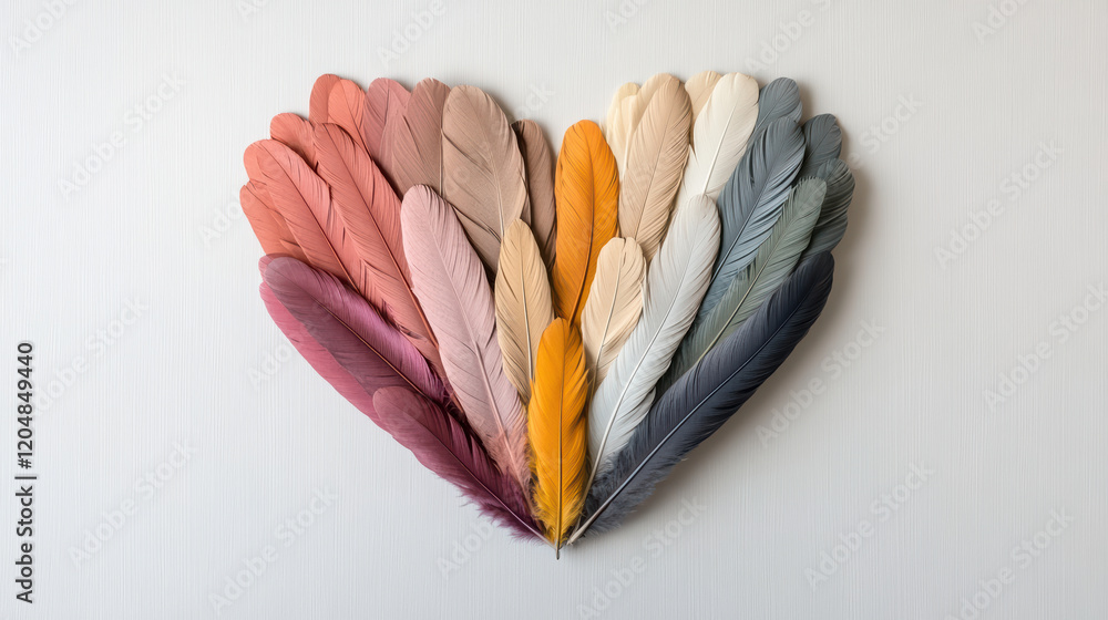 Poster colorful feathers arranged in heart shape create vibrant display