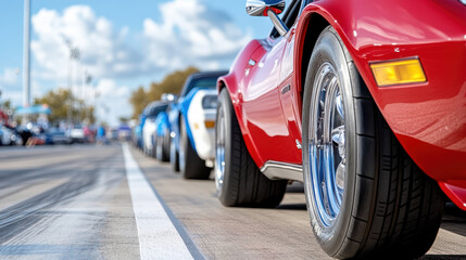 group of cars lined up at drag strip, ready to race under sunny sky