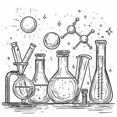 Science Laboratory Line Art Illustration with Molecular Design A hand-drawn black-and-white line art illustration showcasing various laboratory glassware, including test tubes, flasks, and beakers