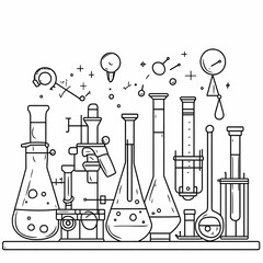 Laboratory Equipment Line Art Illustration  A detailed black-and-white line art illustration featuring various laboratory equipment, including flasks, test tubes, beakers, microscopes, and measuring 