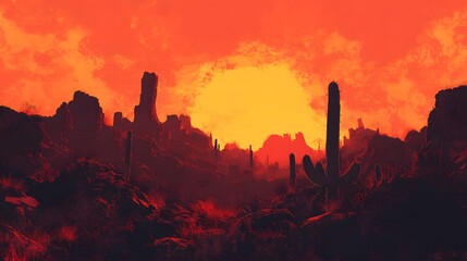 Fiery Sunset Over a Desert Landscape with Cacti