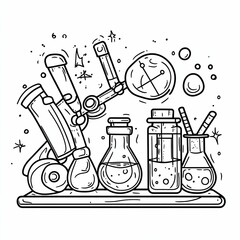 Laboratory Equipment Line Art Illustration  A detailed black-and-white line art illustration featuring various laboratory equipment, including flasks, test tubes, beakers, microscopes, and measuring 