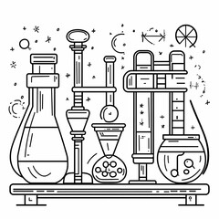 Laboratory Equipment Line Art Illustration  A detailed black-and-white line art illustration featuring various laboratory equipment, including flasks, test tubes, beakers, microscopes, and measuring 