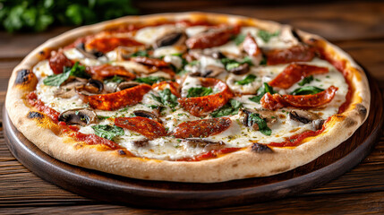 Delicious heart shaped pizza topped with pepperoni, mushrooms, and herbs
